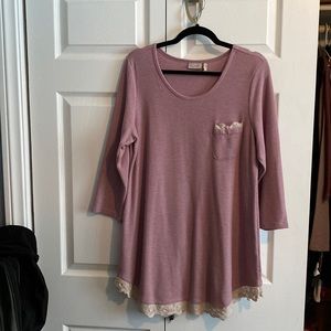 Logo by Lori Logo 3/4 sleeve scoop neck layering tunic w front pocket w lace